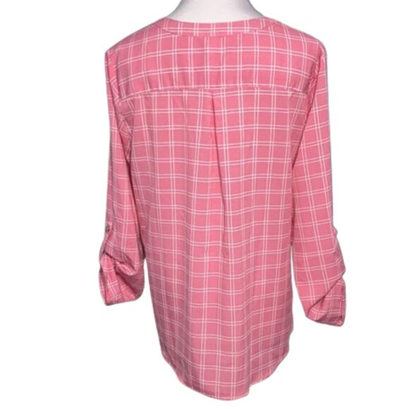 NY Collection Pink 3/4 Long Sleeve Plaid Button Front Top Size Large - Picture 4 of 13